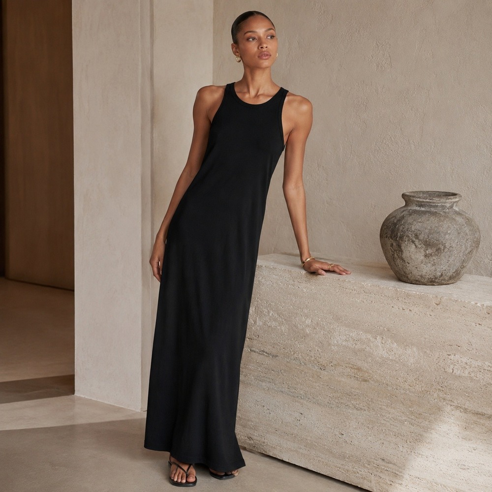 AYR Dress Ribbed Pima Cotton Modal Womens Black M Sleeveless Maxi Racerback